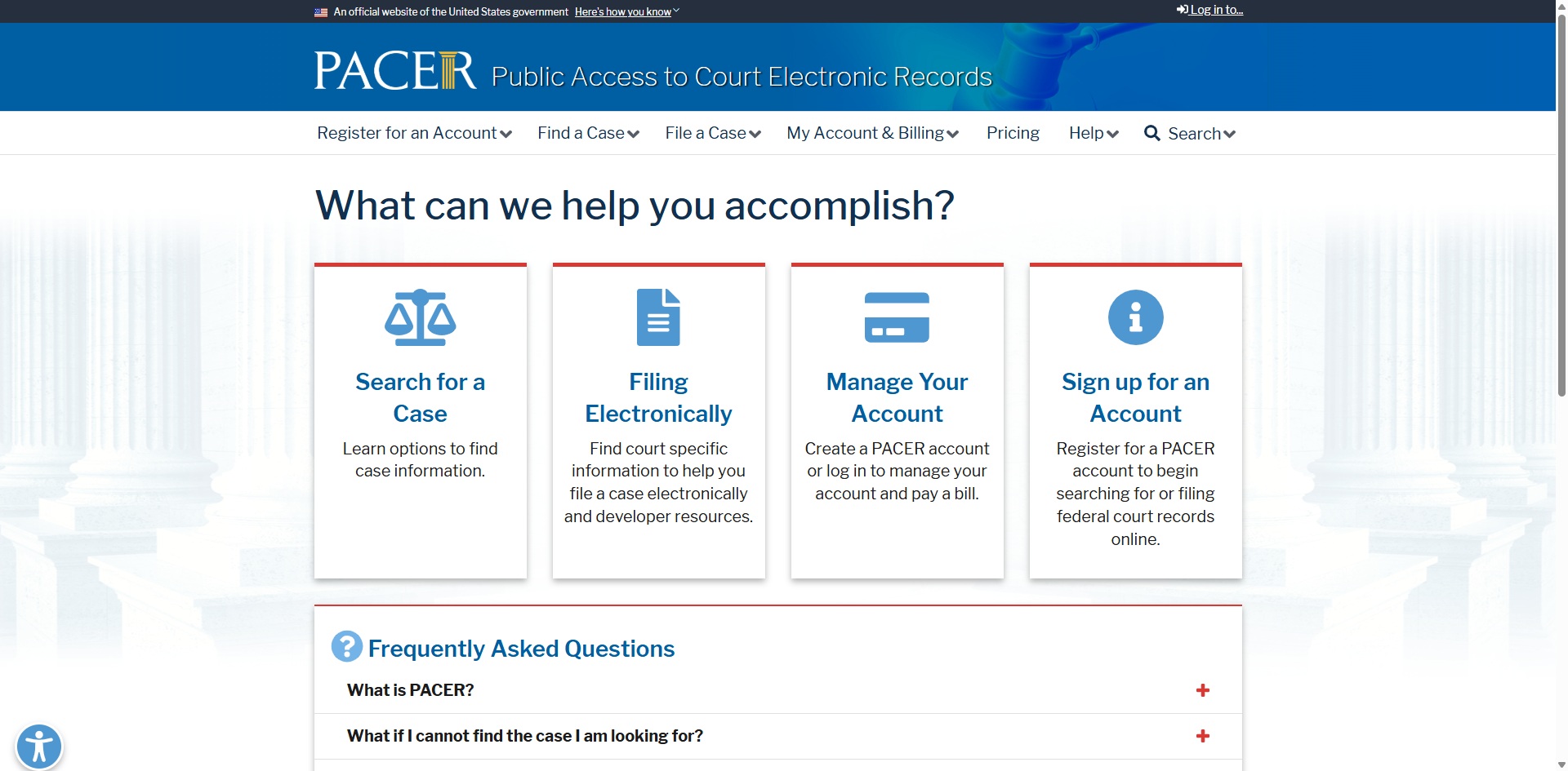 PACER Website Screenshot